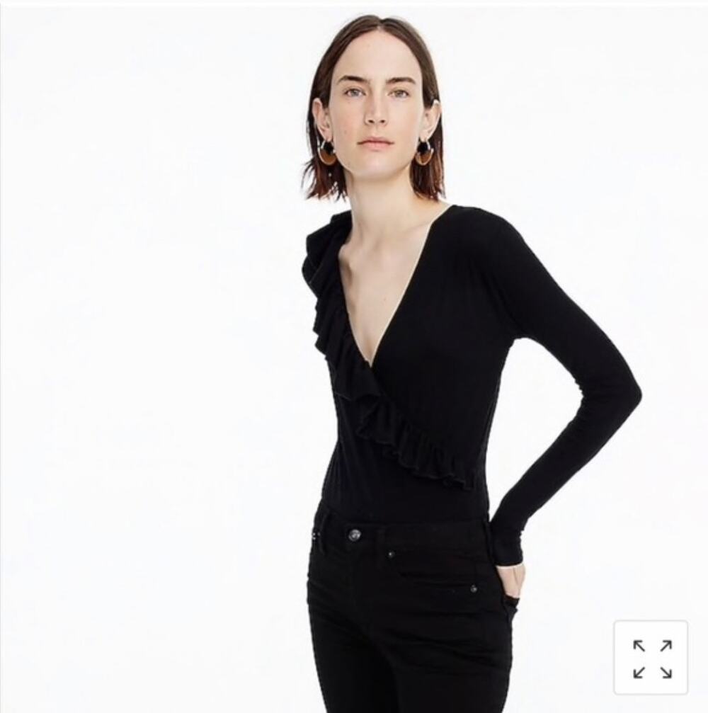 J. Crew Ruffle-Front Wrap Bodysuit Black H3685 Size S
